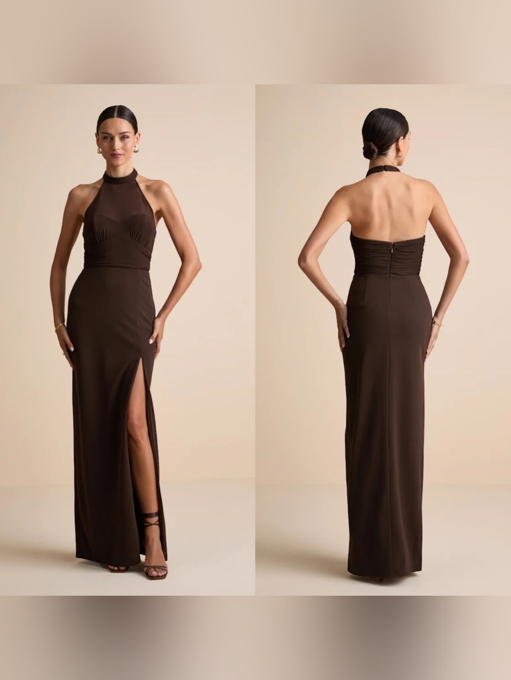 Lulus Baani Dark Brown Column Halter Maxi Dress M Wedding Party Prom Formal